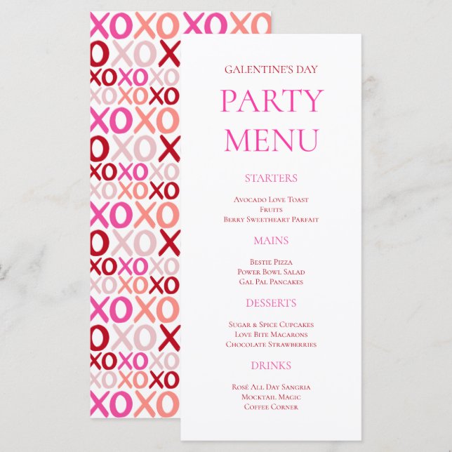 Bold Pink XOXO Girls Night Galentine's Day Party Menu (Front/Back)