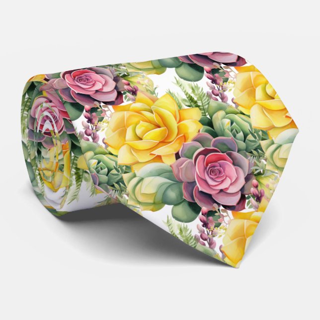 Bold Pink Yellow Green Succulents Tie (Rolled)