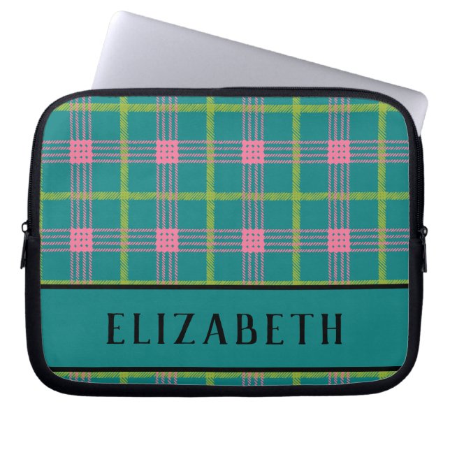 Bold Plaid Name Laptop Sleeve (Front)