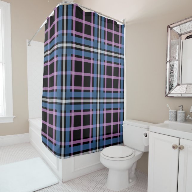 Bold Plaid Shower Curtain – Blue, Lavender & Black (In Situ)