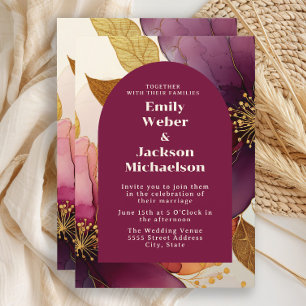 Bold Plum Gold Floral Arch Wedding  Invitation