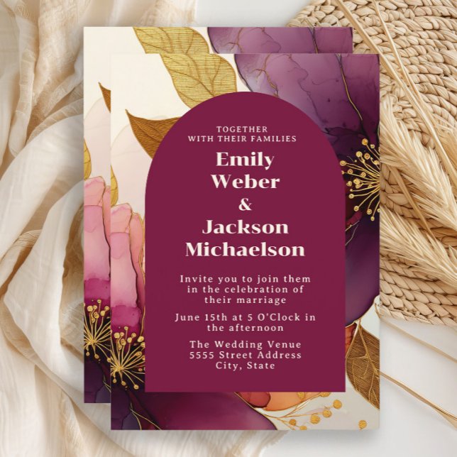 Bold Plum Gold Floral Arch Wedding  Invitation (Plum, burgundy, gold  floral arch-shaped wedding invitation)