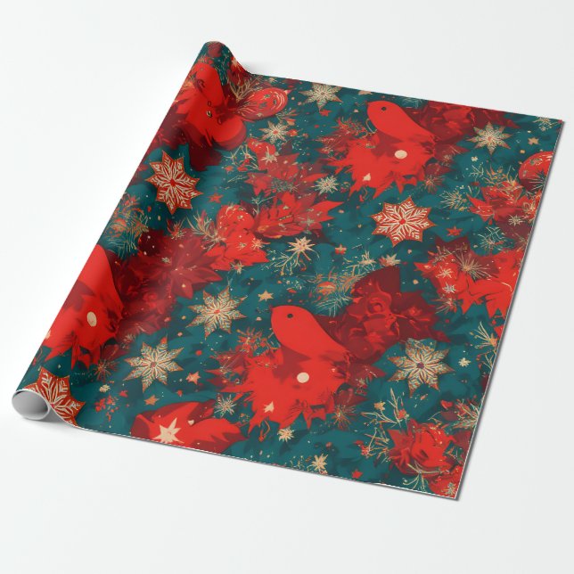 Bold Pop Art Christmas Floral with Birds Wrapping Paper (Unrolled)