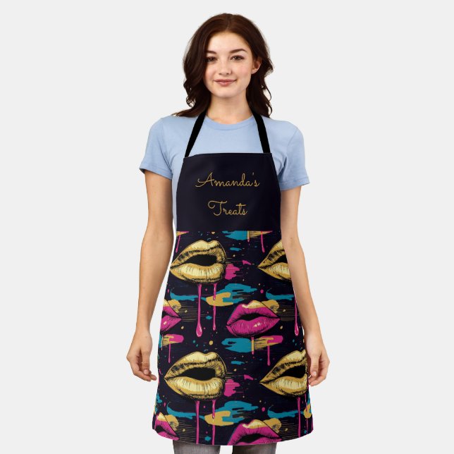 Bold Pop Art Lips Pattern with Vibrant Drips  Apron (Worn)