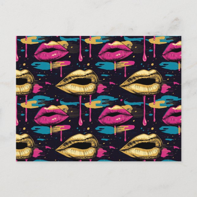 Bold Pop Art Lips Pattern with Vibrant Drips  Postcard (Front)
