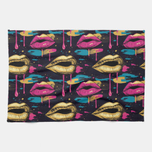 Bold Pop Art Lips Pattern with Vibrant Drips Tea Towel