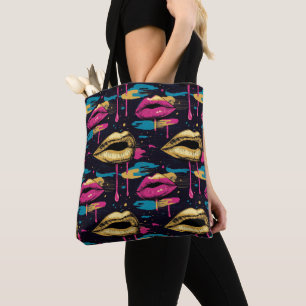 Bold Pop Art Lips Pattern with Vibrant Drips Tote Bag