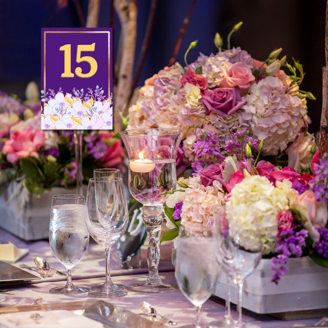 Bold Purple and Gold Floral Gold Framed Table Card (Creator Uploaded)