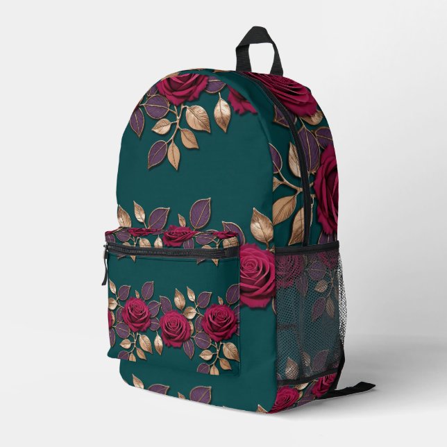 Bold Purple And Red Roses With Bronze Leaves Printed Backpack (Back Corner Right)