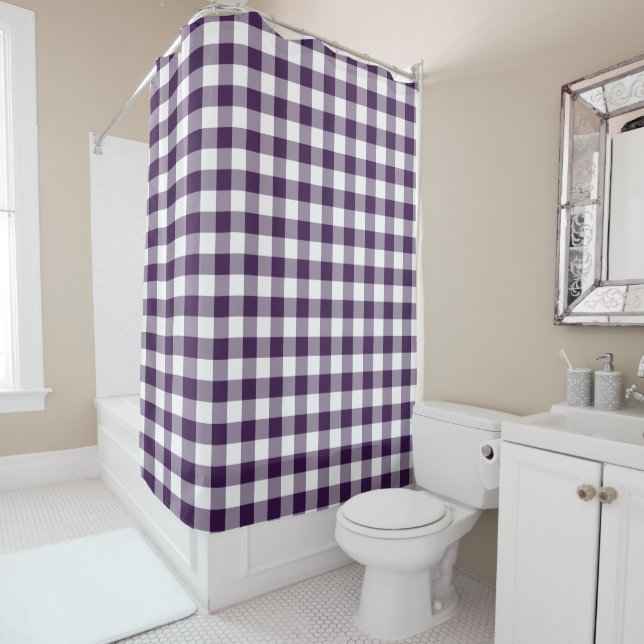 Bold Purple and White Buffalo Plaid Shower Curtain (In Situ)