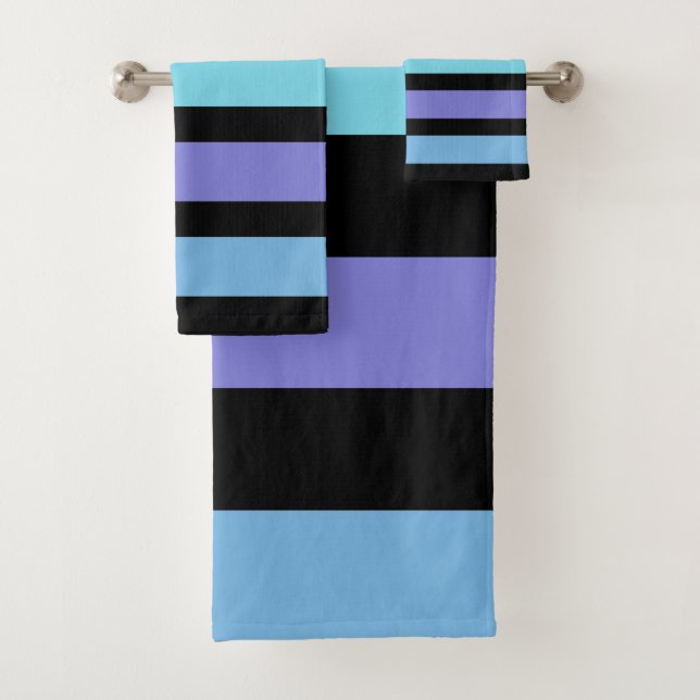 Bold Purple Blue Aqua Black Horizontal Stripe Bath Towel Set (Insitu)