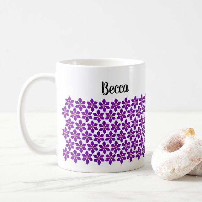 Bold Purple Clematis Flower Pattern Personalised Coffee Mug (With Donut)