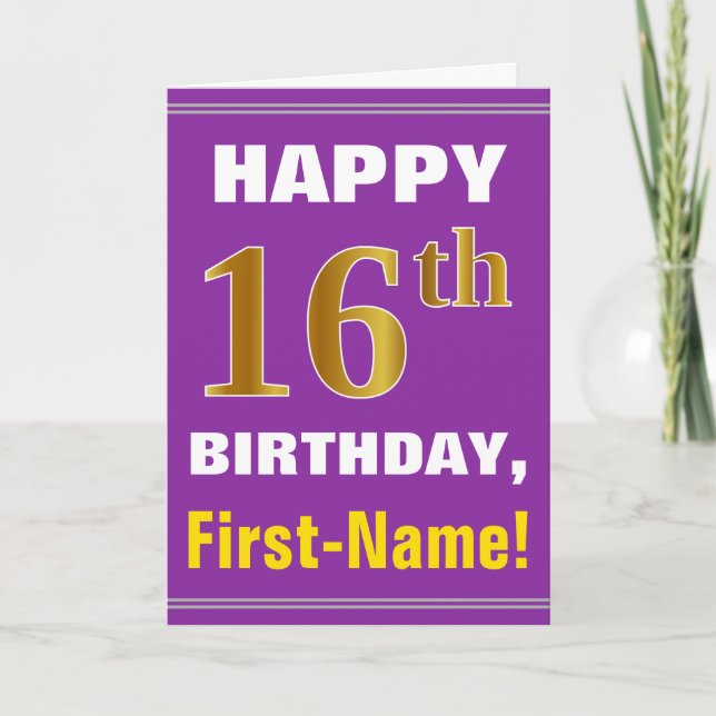Bold, Purple, Faux Gold 16th Birthday w/ Name Card (Front)