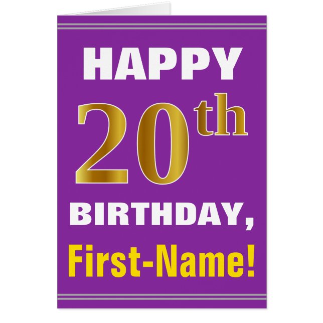 Bold, Purple, Faux Gold 20th Birthday w/ Name Card (Front)