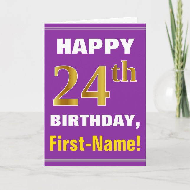 Bold, Purple, Faux Gold 24th Birthday w/ Name Card (Front)