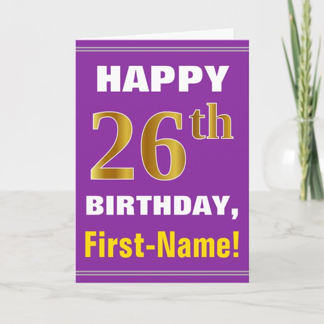 Bold, Purple, Faux Gold 26th Birthday w/ Name Card (Front)