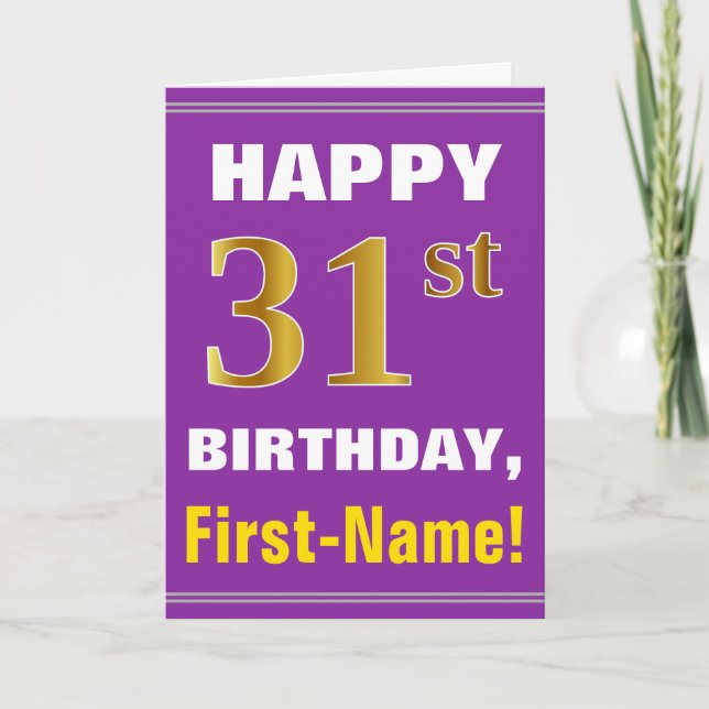 Bold, Purple, Faux Gold 31st Birthday w/ Name Card (Front)