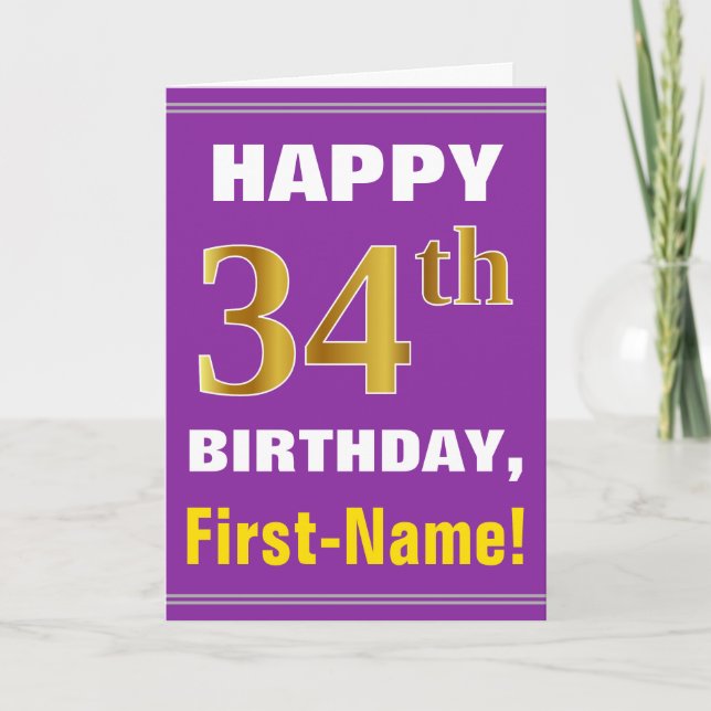 Bold, Purple, Faux Gold 34th Birthday w/ Name Card (Front)