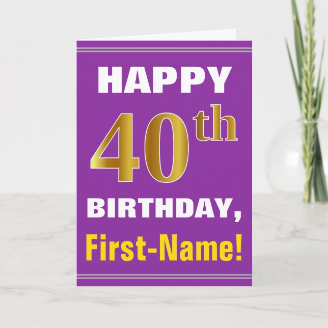 Bold, Purple, Faux Gold 40th Birthday w/ Name Card (Front)