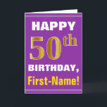 Bold, Purple, Faux Gold 50th Birthday w/ Name Card<br><div class="desc">This simple birthday-themed greeting card design features a warm birthday wish like "HAPPY 50th BIRTHDAY, First-Name!" on the front, in bold text on a purple coloured background. The birthday number has a faux/imitation gold-like colouring appearance. The name on the front can be personalised. The inside features a birthday message that...</div>