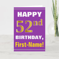 Bold, Purple, Faux Gold 52nd Birthday w/ Name Card