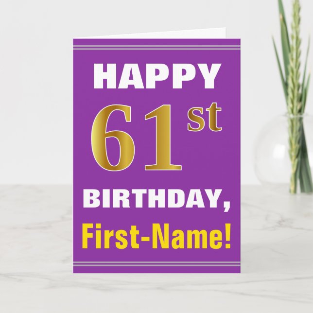 Bold, Purple, Faux Gold 61st Birthday w/ Name Card (Front)