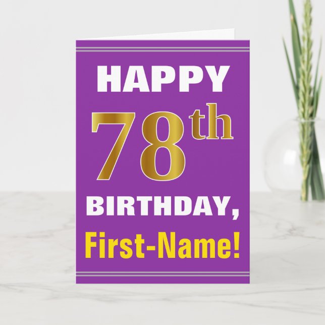 Bold, Purple, Faux Gold 78th Birthday w/ Name Card (Front)