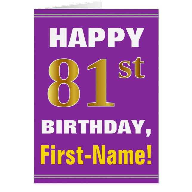 Bold, Purple, Faux Gold 81st Birthday w/ Name Card (Front)
