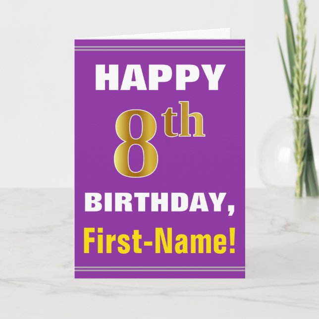 Bold, Purple, Faux Gold 8th Birthday w/ Name Card (Front)