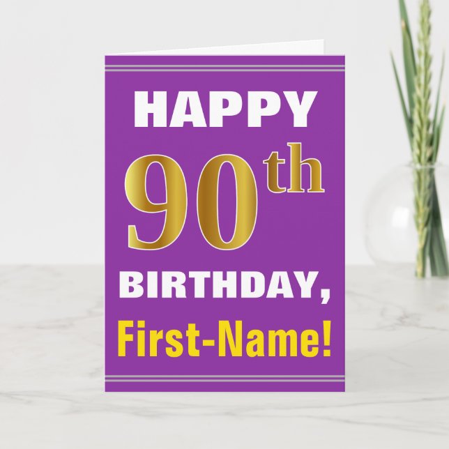 Bold, Purple, Faux Gold 90th Birthday w/ Name Card (Front)