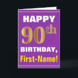 Bold, Purple, Faux Gold 90th Birthday w/ Name Card<br><div class="desc">This simple birthday-themed greeting card design features a warm birthday wish like "HAPPY 90th BIRTHDAY, First-Name!" on the front, in bold text on a purple coloured background. The birthday number has a faux/imitation gold-like colouring look. The name on the front can be customised. The inside features a birthday message that...</div>