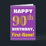 Bold, Purple, Faux Gold 90th Birthday w/ Name Card<br><div class="desc">This simple birthday-themed greeting card design features a warm birthday wish like "HAPPY 90th BIRTHDAY, First-Name!" on the front, in bold text on a purple coloured background. The birthday number has a faux/imitation gold-like colouring look. The name on the front can be customised. The inside features a birthday message that...</div>