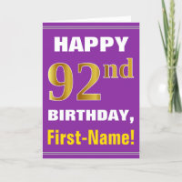 Bold, Purple, Faux Gold 92nd Birthday w/ Name Card