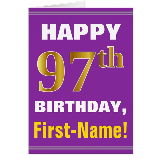 Bold, Purple, Faux Gold 97th Birthday w/ Name Card (Front)