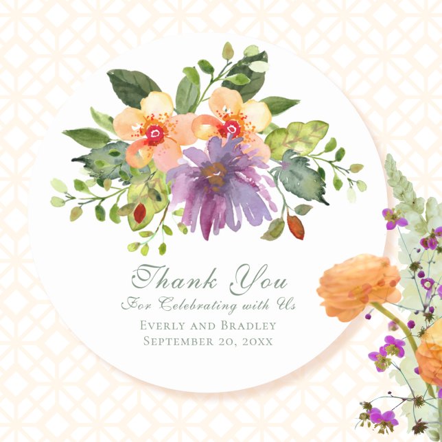 Bold Purple Floral Green Peach Wedding Thank You Classic Round Sticker (Creator Uploaded)