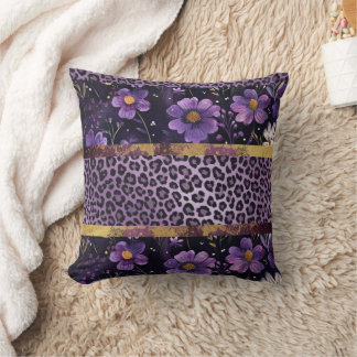 Bold purple floral leopard print cushion