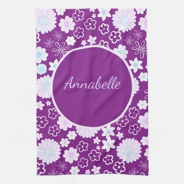 Bold Purple Flowers Floral Pattern Named Tea Towel (Vertical)