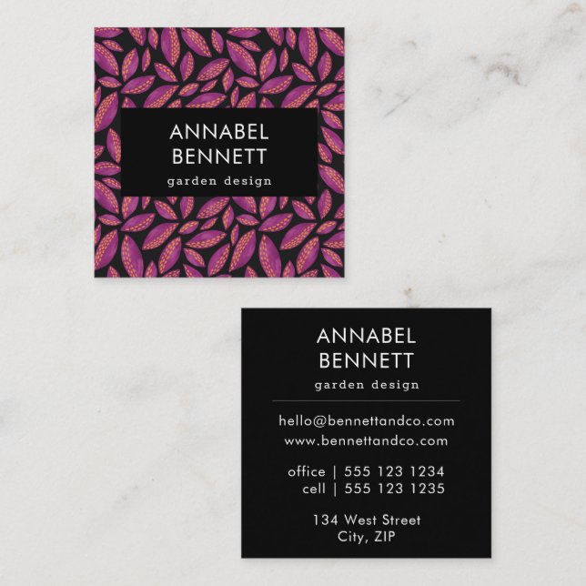 Bold Purple Leaf Petal Garden Pattern Square Business Card (Front/Back)