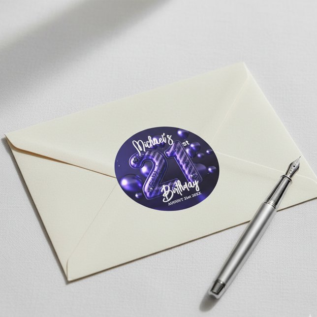 Bold Purple Metallic Glitter Striped 21st Birthday Classic Round Sticker (Creator Uploaded)