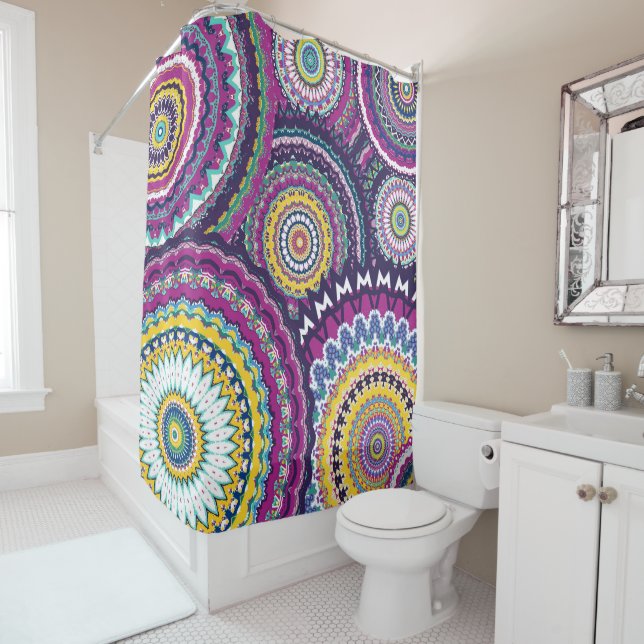 Bold Purple Mutli-Mandalas Shower Curtain (In Situ)