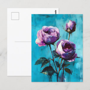 Bold Purple Roses on Blue Postcard
