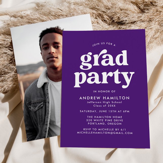Bold Purple Typography Photo Graduation Party Invitation (Creator Uploaded)