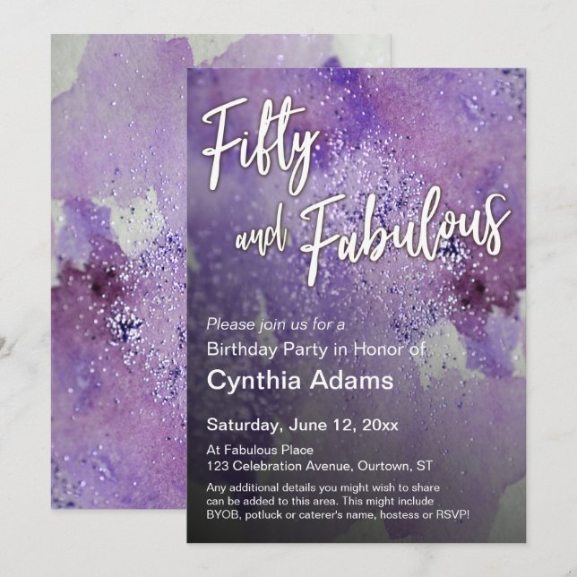 Bold Purple Watercolor Glitter Fifty and Fabulous Invitation (Front/Back)