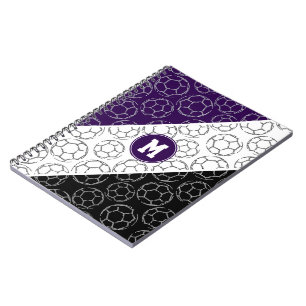 bold purple white black with soccer balls line art notebook