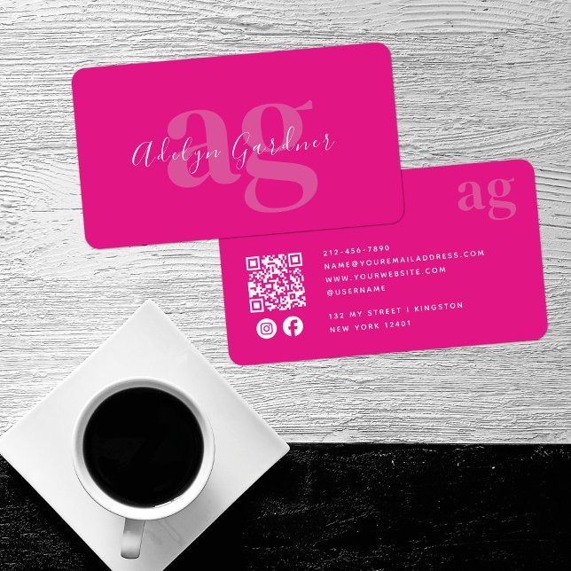 Bold QR Code Hot Pink Monogram Script Social Media Business Card (Creator Uploaded)