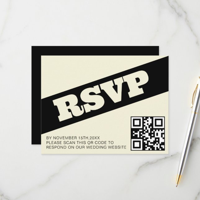 Bold QR RSVP Typography Black Ecru Modern Wedding Card (Front/Back In Situ)