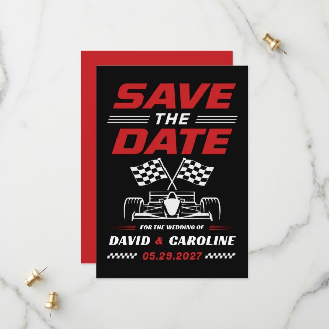 Bold Race Car Black and Red Wedding Save The Date (Front/Back In Situ)