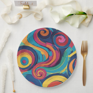 Bold Rainbow Coloured Curls And Swirls Paper Plate