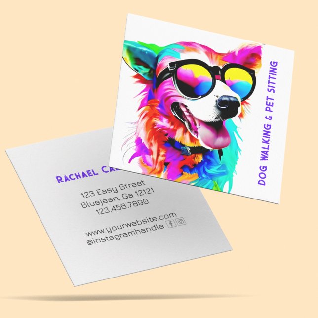 Bold Rainbow Dog Pet Sitter Dog Walker Custom Square Business Card (Creator Uploaded)