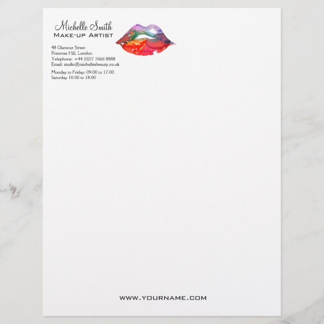 Bold Rainbow Lips Watercolor Drawing Beauty Makeup Personalized Letterhead (Front)